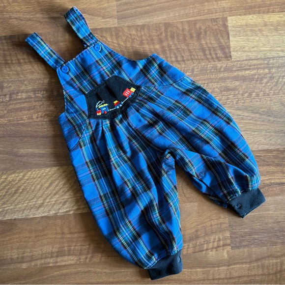 Vintage Plaid Romper Overalls 90s Y2K Blue Red Train 12 Months Baby Toddler Boy - Picture 2 of 7